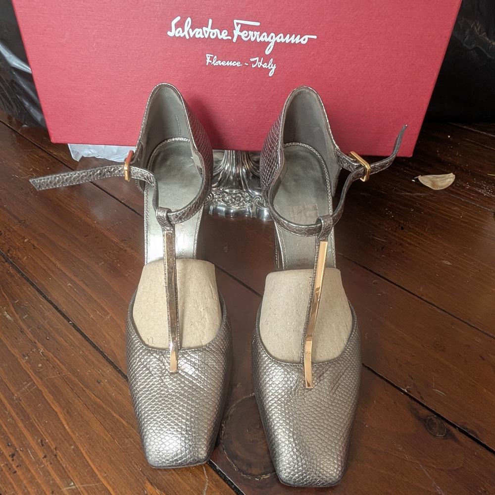 Salvatore Ferragamo Silver T-Strap Heels